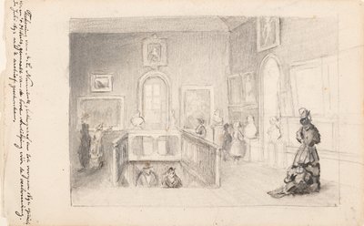 Bezoekers in de Trapzaal in het Mauritshuis door Adolf Carel Nunnink